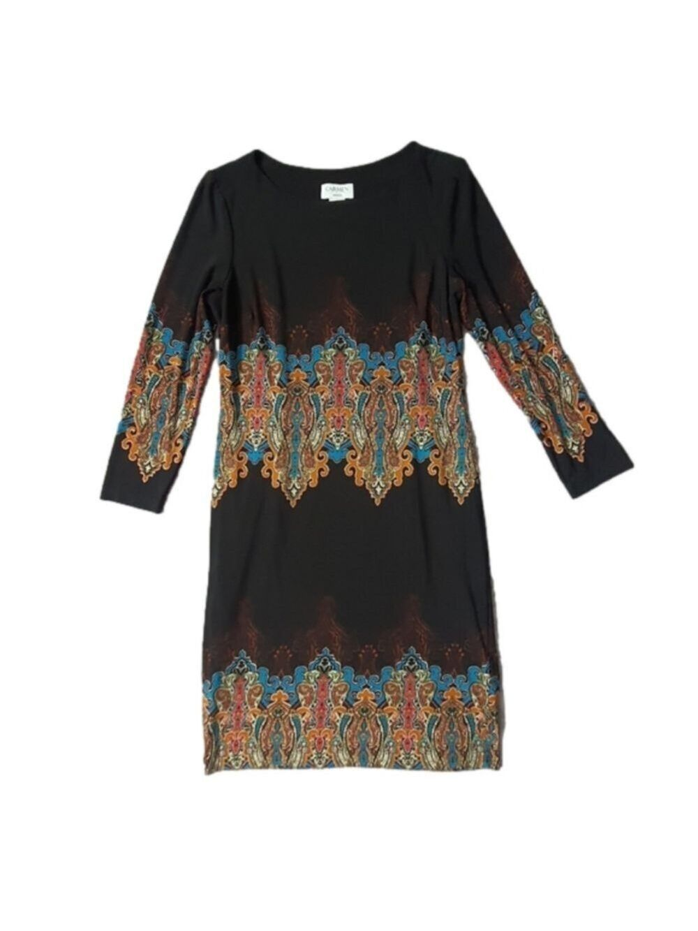 Carmen Marc Valvo Long Sleeve Dress Womens M Round Neck Midi Multi Color